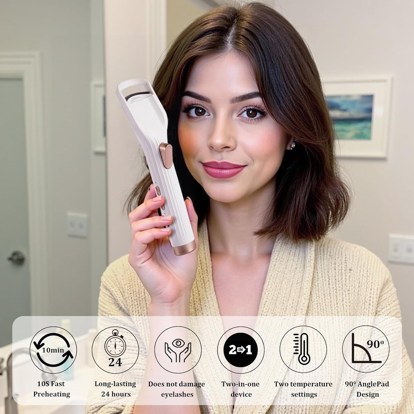 Heated Eyelash Curler Professional, 2 Heat Modes Fast Heat up in 8s, Rechargeable Electric Eyelash Curler with Type-C, White Electric Heated Lash Curler for Women Girls