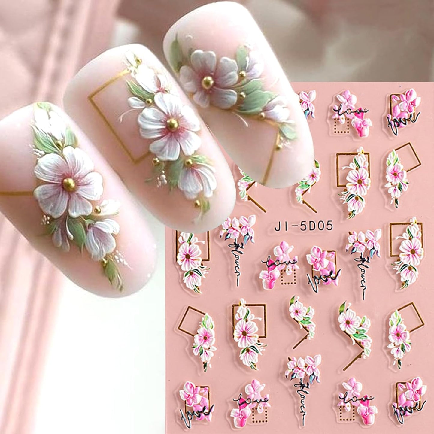 Flower Nail Art Stickers Decals 5D Embossed Nail Decals 6 Sheets Spring Summer Self-Adhesive Nails Design Accessories 3D Flowers Stickers for Women Nails Decoration