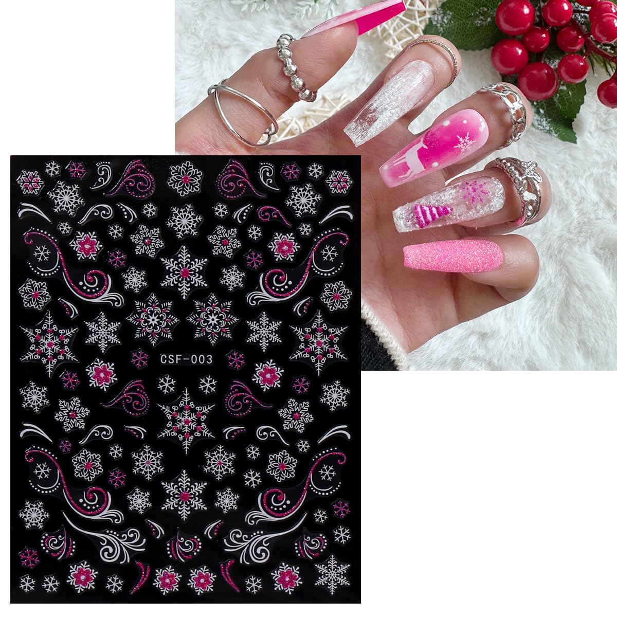 JMEOWIO 9 Sheets Christmas Pink Glitter Nail Art Stickers Decals Self-Adhesive Snowflake Winter Holiday Nail Supplies Nail Art Design Decoration Accessories