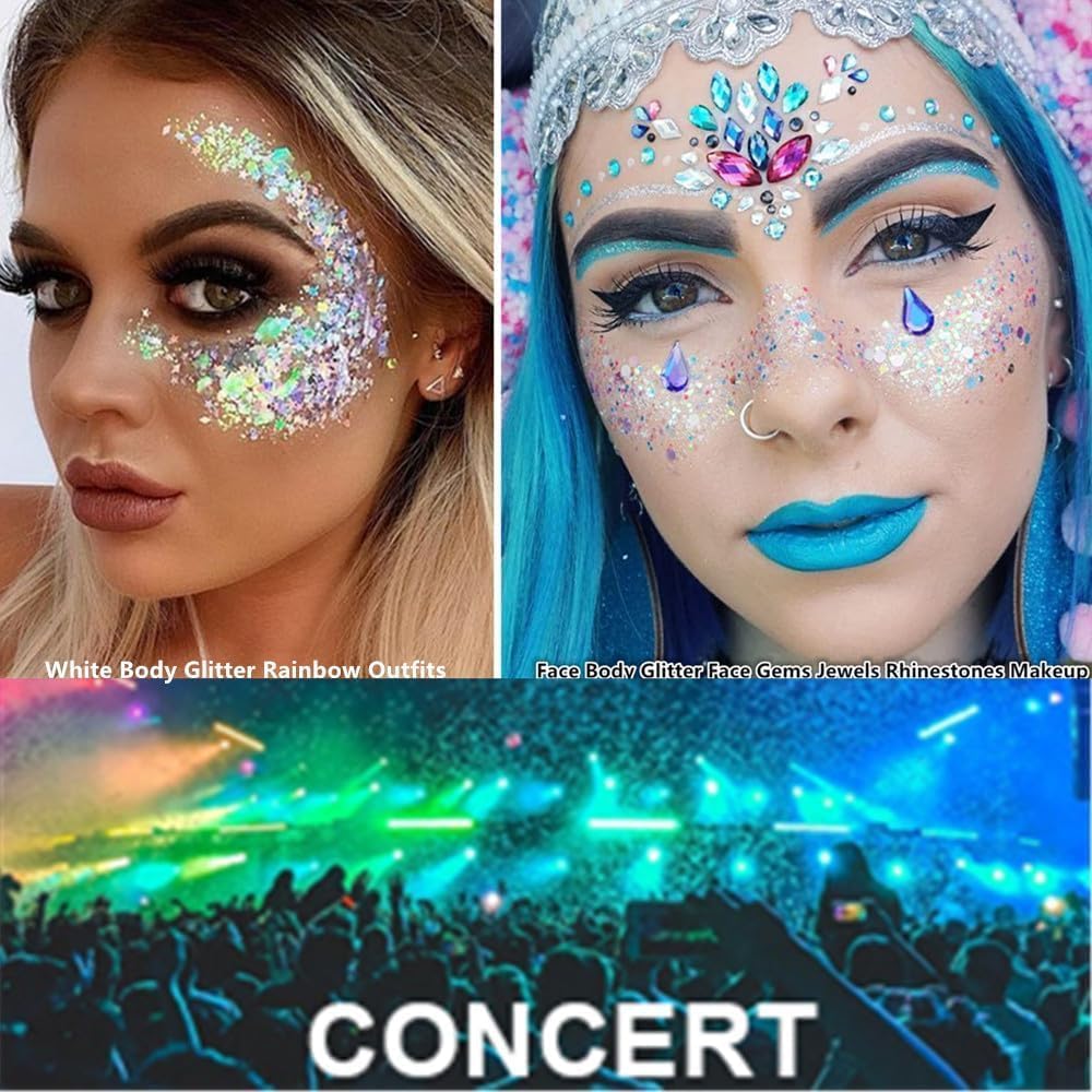 Go Ho White Pink and Blue Body Glitter Set,Singer Concerts Face Glitter Gel Makeup,Holographic Long Lasting Chunky Sequins Glitters for Eye Lip Hair Nails,Festival Rave Accessories