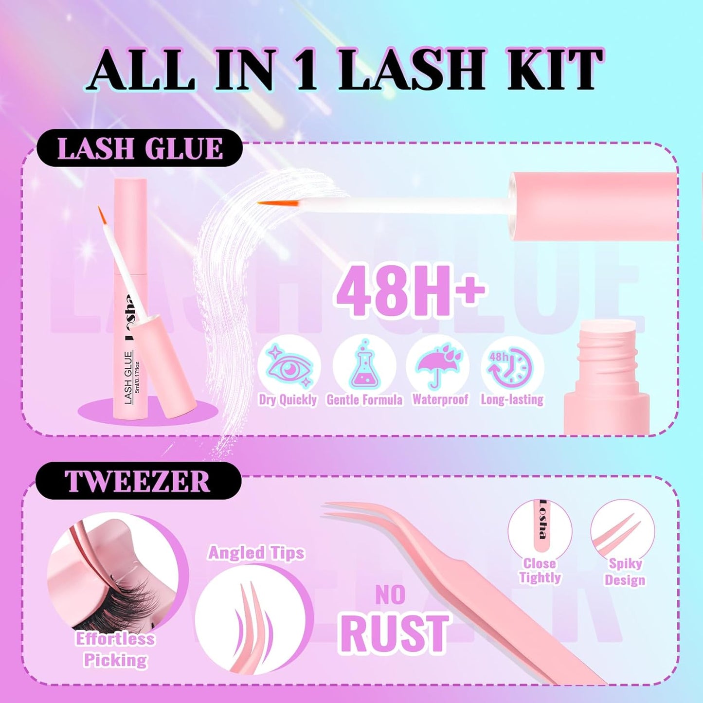 Losha Lashes Fluffy False Eyelashes 5D Volume Eye Lashes Kit with Lash Glue and Lash Tweezers 14 Pairs Vegan Fake Eyelashes Soft Faux Mink Lashes Pack (Thrives)
