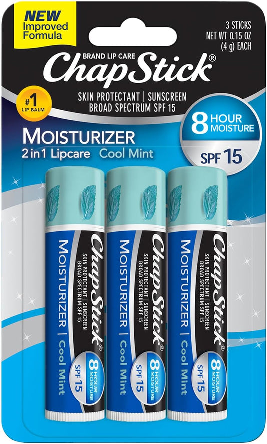 ChapStick Moisturizer 2-in-1 Lipcare SPF 15, Cool Mint, 3-Pack – Sunscreen Lip Balm with Aloe Vera and Vitamin E, 0.15 Ea