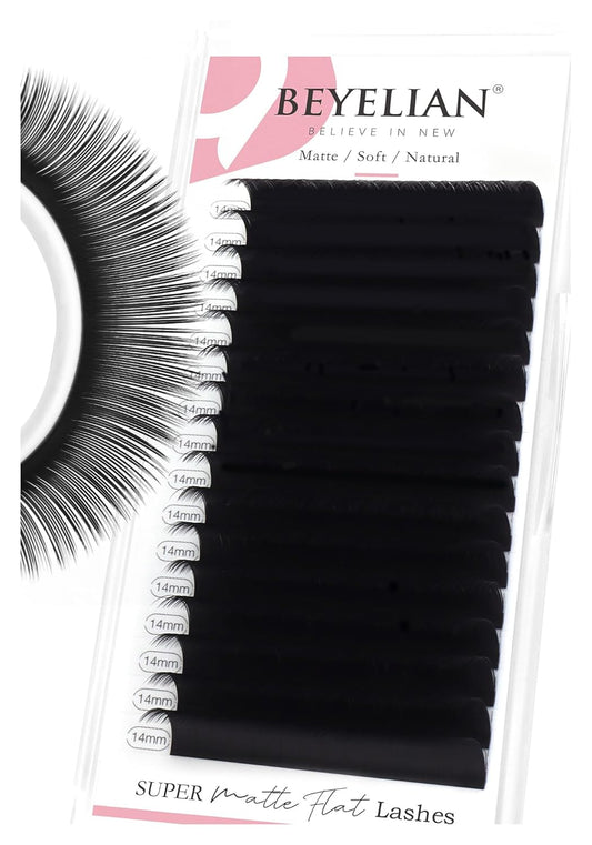 BEYELIAN Flat Eyelash Extension, Ellipse Lash Extensions 0.20 D Curl 14mm 16 Rows Matte Black Eyelash Extension Supplies Classic Lash Extensions Individual Eyelashes Salon Use