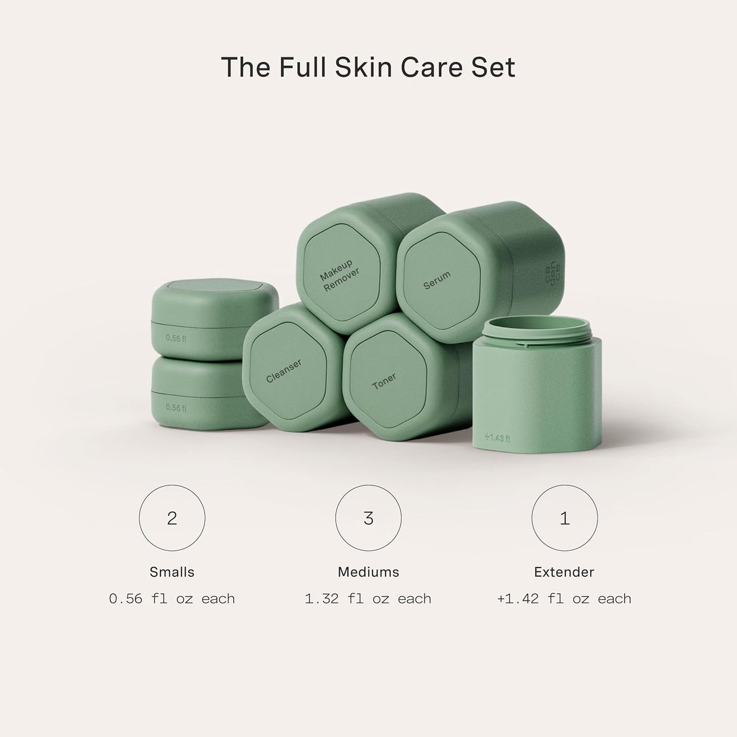 Cadence Travel Containers - Full Skincare Set - Magnetic Containers with Lids,Carry On Travel Essentials For Women/Men - 2 Small (0.56oz), 4 Medium Capsules (1.32oz), & Extender (1.43oz) - Eucalyptus