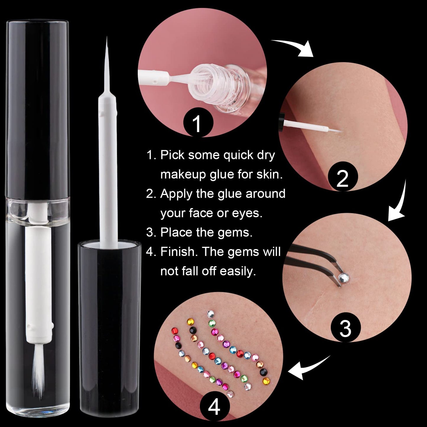 Flat Back Rhinestone Kits Colorful Rhinestones+Transparent White Gems with Quick Dry Makeup Glue+Picker Pencil+Tweezer for Nail Art and Face Make-up