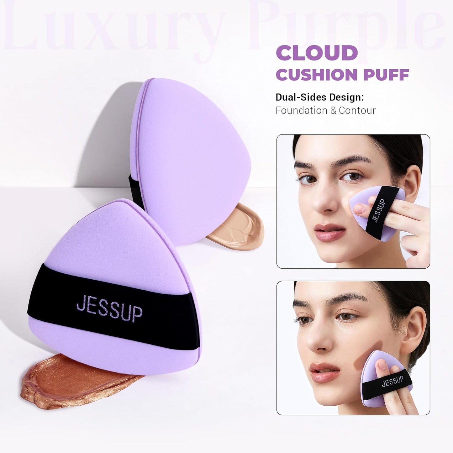 Jessup Powder Puff, 2pcs Triangle Powder Puff Soft for Foundation Setting and Baking, Reusable, Washable, Purple SP018