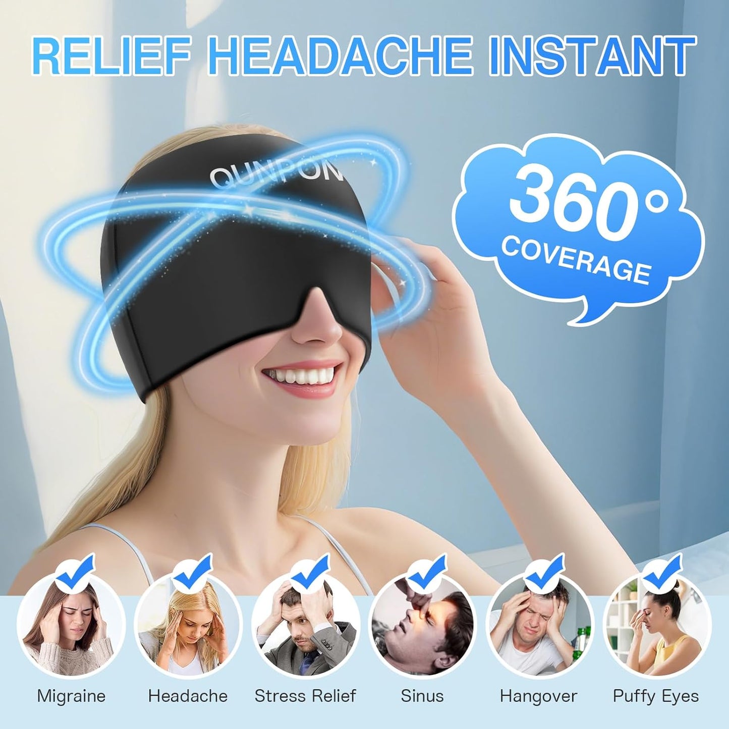 Migraine Relief Cap,Headache Relief Cap Ice Pack Mask, Cold Eye Face Hat Cooling Gel Head Wrap for Tension, Stress,Hangover Gifts for Women Men mom