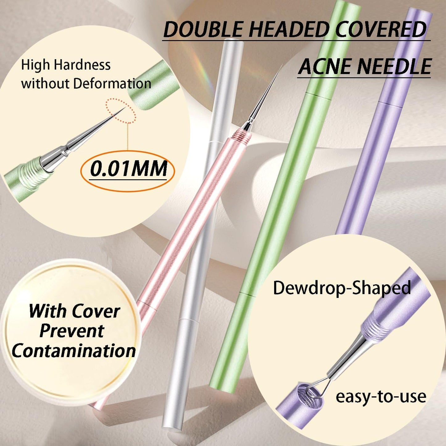2-in-1 Professional Stainless Steel Acne Removal Needle, Whitehead & Blackhead Remover Tool, Pimples Comedone Extractor Removal Tool, Double Ended Needle with Cap Removal for Nose Face Tools(Green)