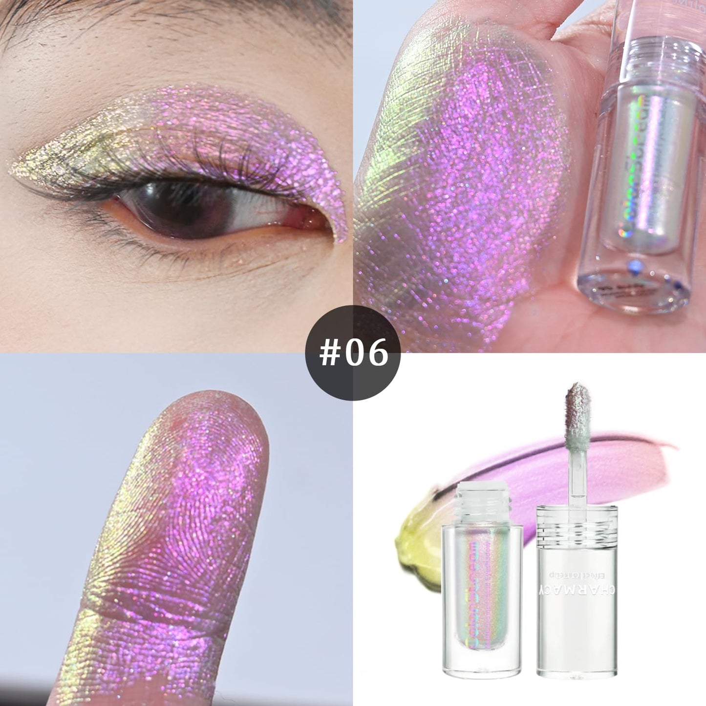 CHARMACY Multichrome Glitter Liquid Eyeshadow, Chameleon Shifting Color, Holographic Metallic Eyeshadow, Long-Lasting Wear, Vegan Eye Topper for Party, Daily Makeup #06