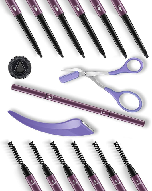 6Pcs Microblading Eyebrow Pencils Black Waterproof Eye Brow Pencil w/Eye Brow Razor & Scissors Kit 0.5mm Ultra-Fine Tip Creates Hair-Like Strokes for Women Effortless Natural Brows