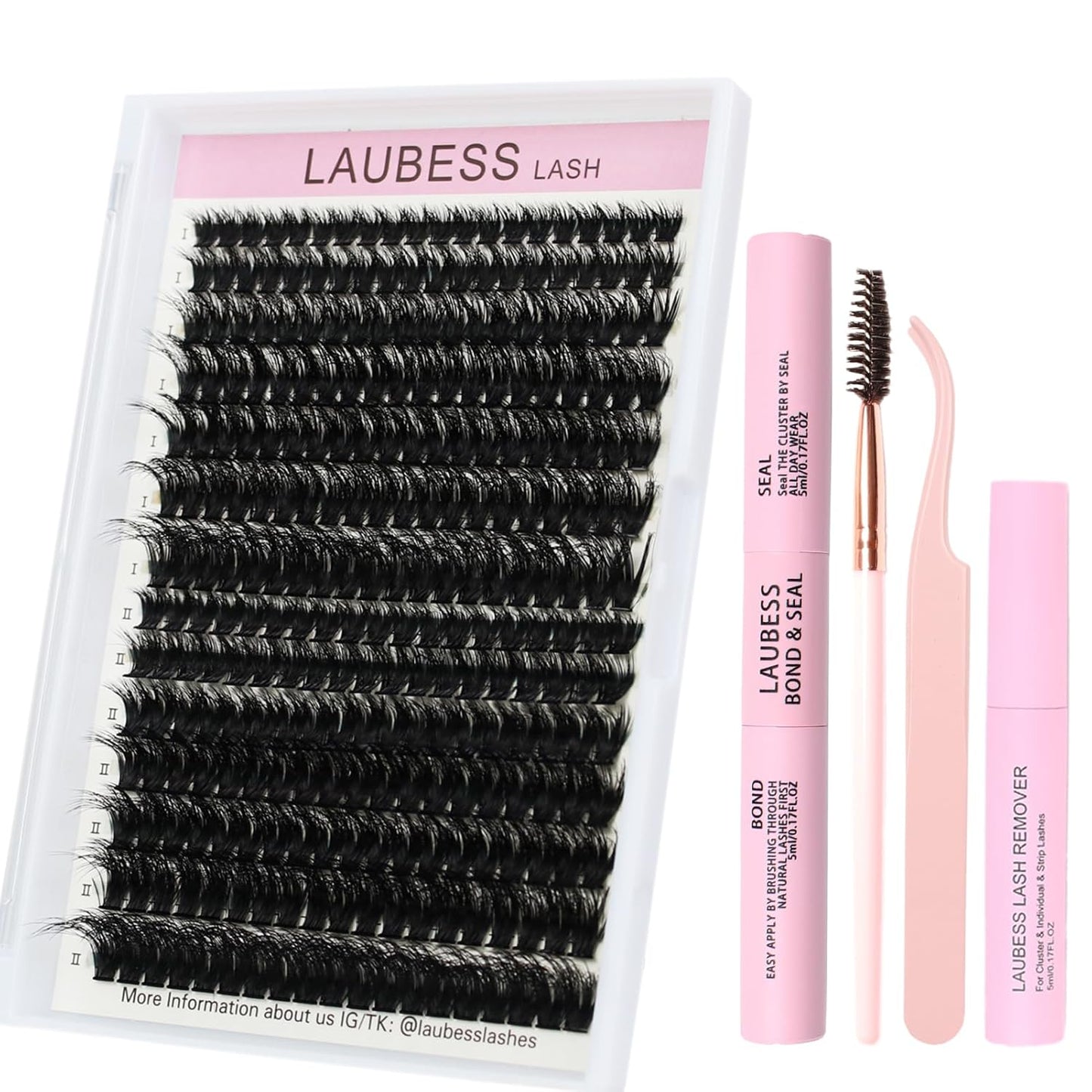 Lash Extension Kit LAUBESS Lash Clusters Kit Cluster Eyelash Extensions Kit Eyelash Clusters Lash Bond and Seal Waterproof Tweezers Brush Lash Glue Remover (Kit 60D/80D-D-Mix8-18(3D)
