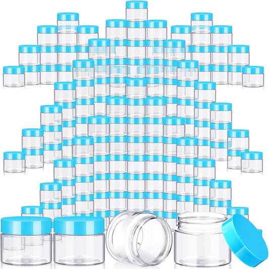 SATINIOR 100 Pcs Plastic Jars with Lids Small Containers Lids Wide Mouth Small Plastic Containers for Lotion Cream Rhinestones Body Butters Travel Storage(2 oz,Blue)