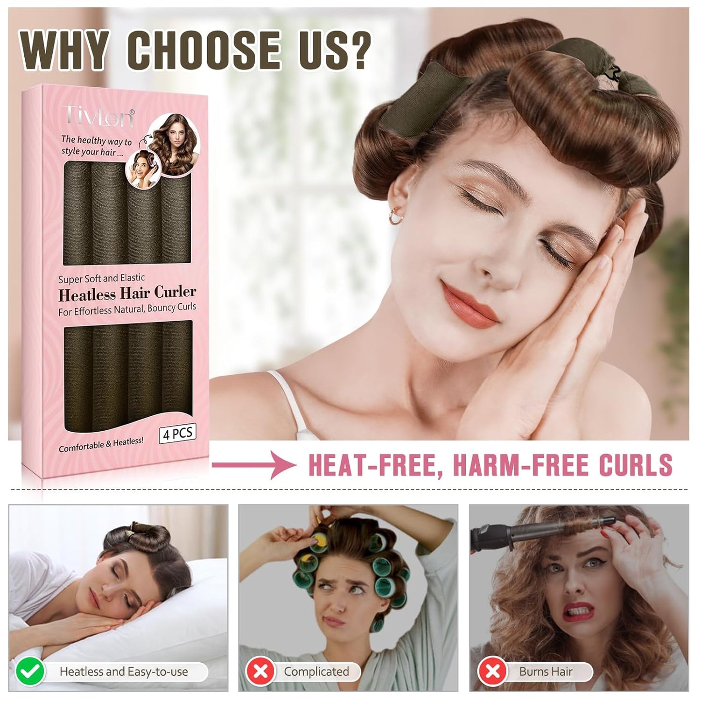 Heatless Curls Overnight, 4 Pcs No Heat Curling Blowout Rod, Satin Blowout Look Heatless Hair Rollers, Soft Flexi Rods for Big Curls to Sleep In