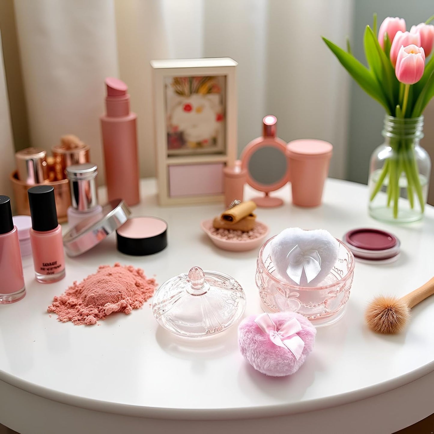 Body Powder Puff and Container - Glass Dusting Powder Container with 2 Soft Puffs Vintage Powder Puff Case for Women & Girls (3.93x3.93x4.13 H in) - GRB017-Pink