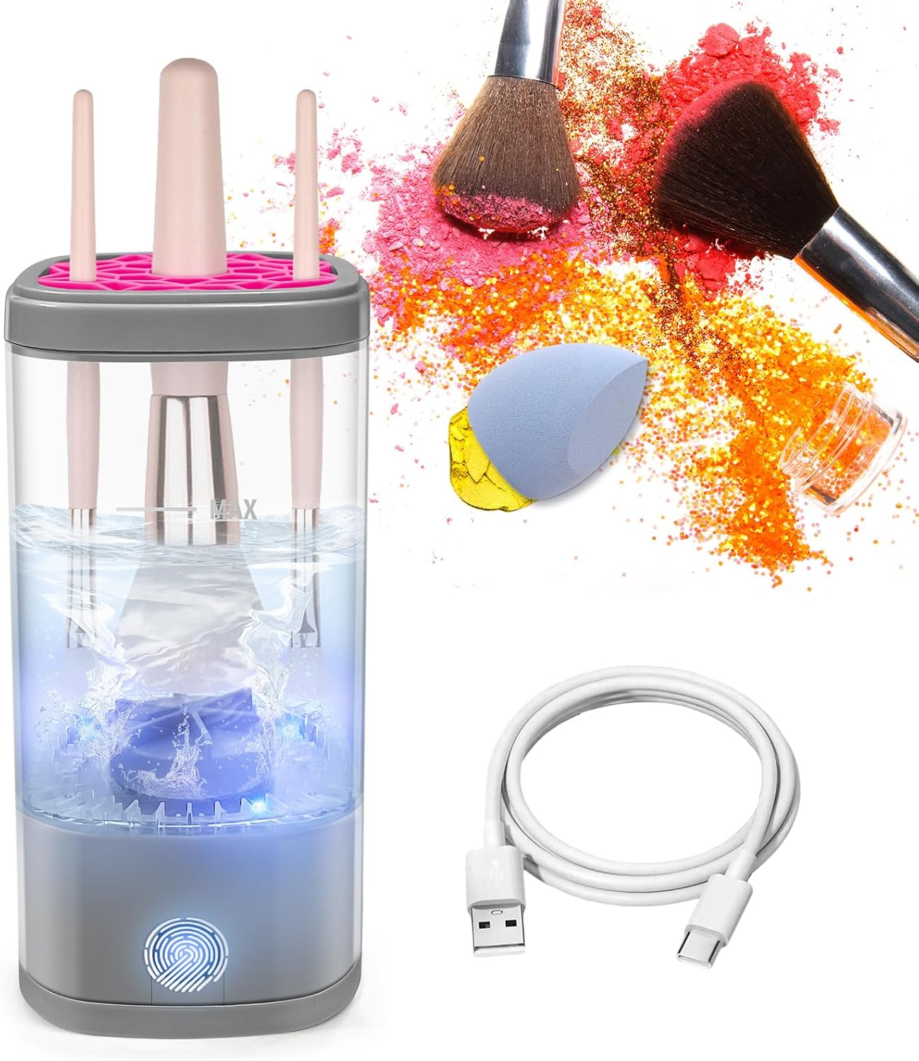Electric Makeup Brush Cleaner Machine, Ultimate Efficient Automatic Cleaner for All Types of Makeup Brushes - Gray Pink