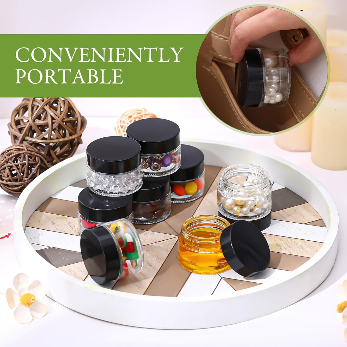 Domensi 100 Pcs 1 oz Glass Jars with Lids Bulk Round Glass Cosmetic Jars Lids 1 oz Small Travel Containers with Inner Liner for Lotions Powders Ointments Sample Cream(Clear, Black)