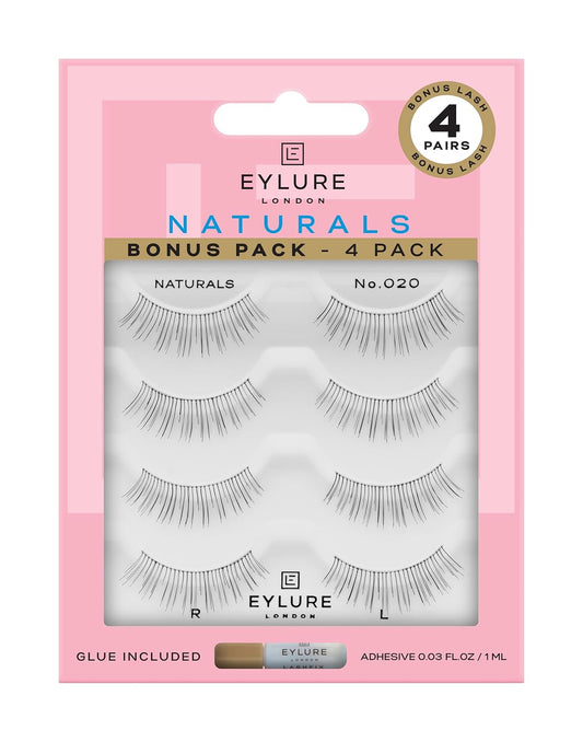 Eylure Naturals No. 020 Reusable Eyelashes, Adhesive Included, Black, 4 Pairs