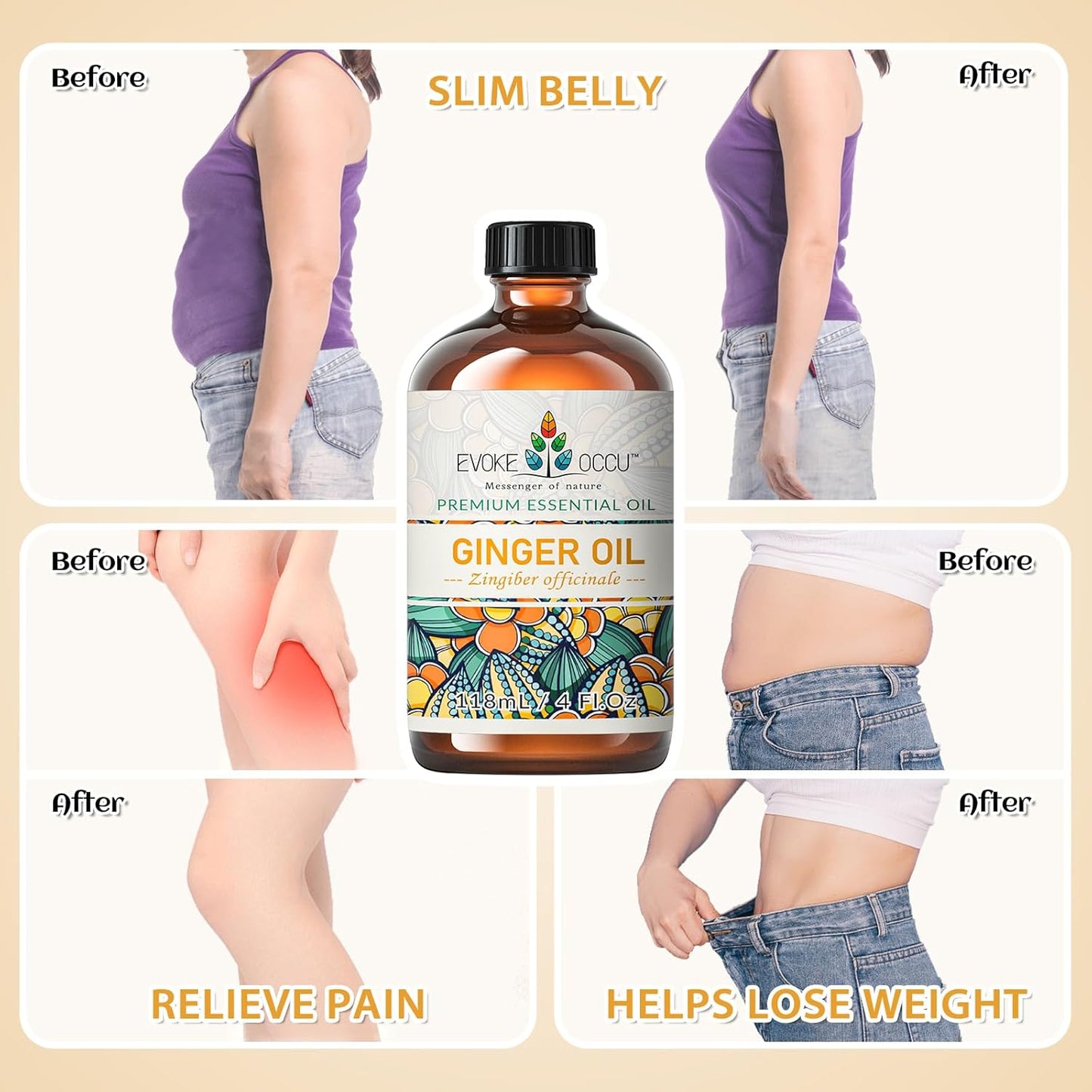 EVOKE OCCU 100% Pure Ginger Oil, Natural Ginger Essential Oil for Massage, Diffuser, Hair, Skin, DIY - 4 Fl Oz