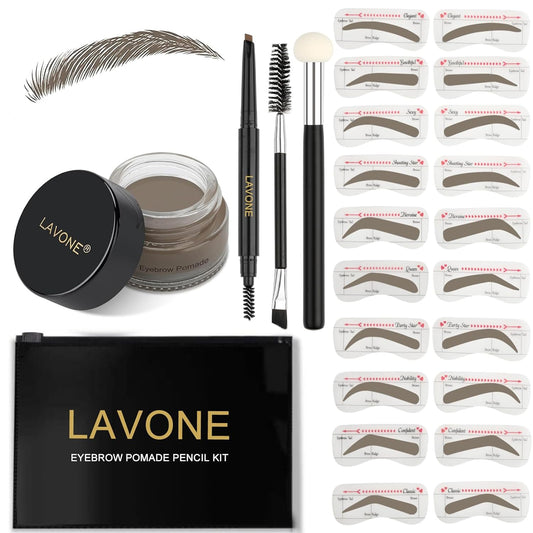 LAVONE Eyebrow Stamp Stencil Kit for Eyebrow, Brow Stamp Trio Kit with Waterproof Eyebrow Pencil, Eyebrow Pomade,20 Eyebrow Stencils,Dual-ended Eyebrow Brush and Sponge Applicator - Dark Grey
