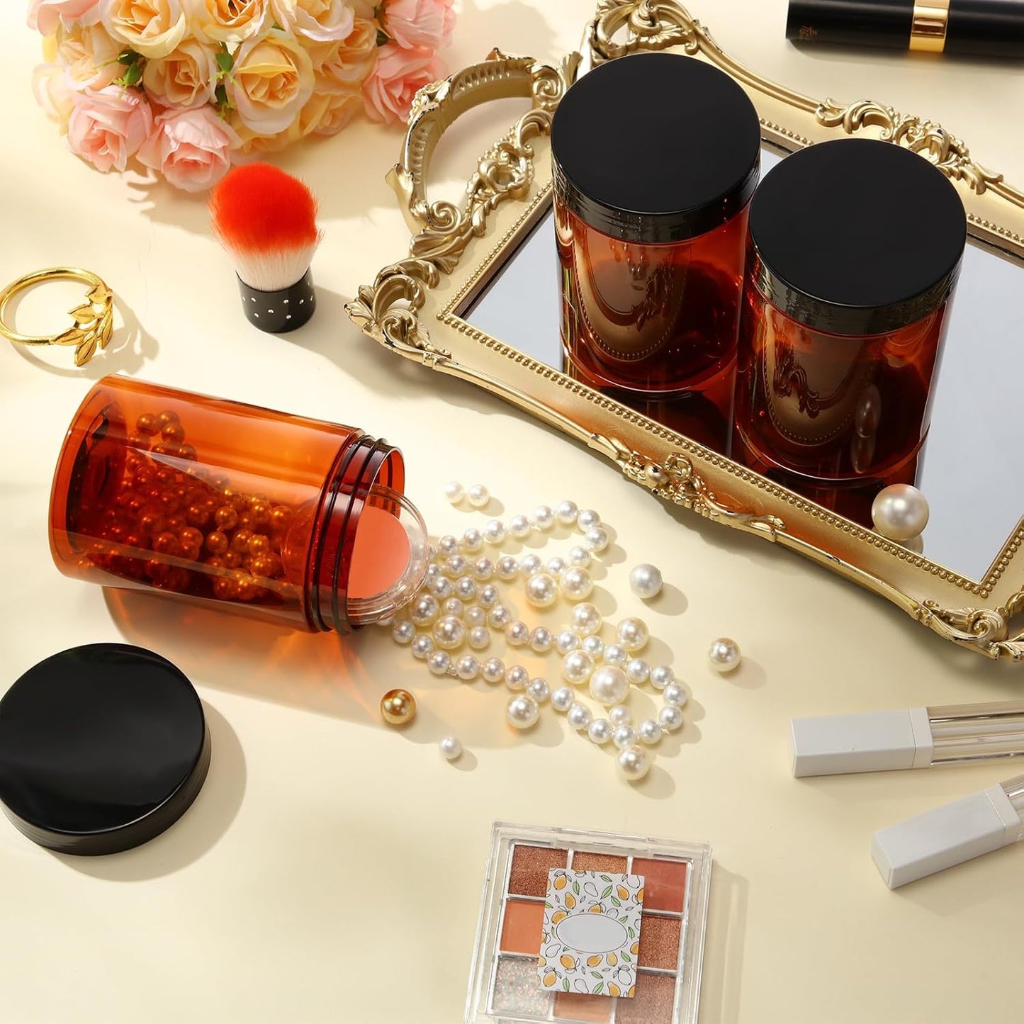 Patelai 4 Pieces Round Wide-mouth Leak Proof Plastic Container Jars with Lids for Travel Storage Makeup Beauty Products Face Creams Oils Salves Ointments DIY Making(10 Ounce,Amber)