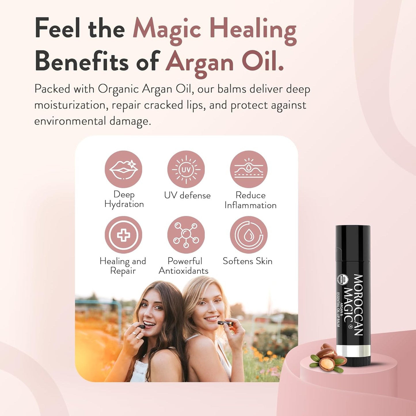 Moroccan Magic Organic Unscented Lip Balm 3 Pack | Ultra-Hydrating Argan Oil Lip Moisturizer + Vitamin E | Natural Chapstick for Dry Lips | Smooth, Non-Toxic | Organic Lip Balm