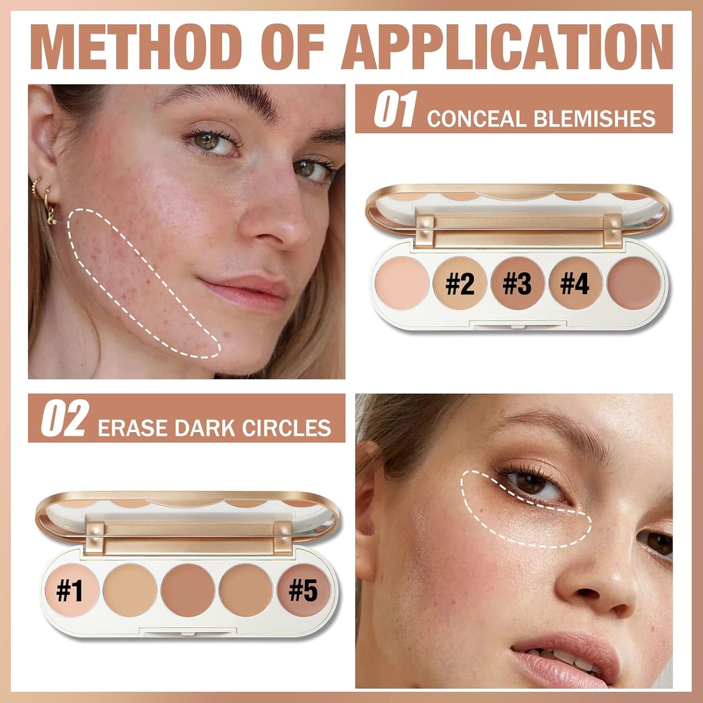 FOCALLURE #GoldenAge 5 in 1 Multi Uses Concealer Palette, 5 Colors Correcting Conceal Palette, Camouflage Contour Palettes for Dark Circles, Face Contouring Highlighter Pallet, 01 LIGHT-MEDIUM