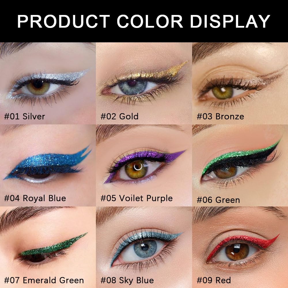 Sky Blue Metallic Glitter Liquid Eyeliner Pen – Long-Lasting Sparkly Waterproof Eyeliner for Women & Men – Tattoo-Effect Eye Makeup for Parties – Delineador de ojos líquido con 08