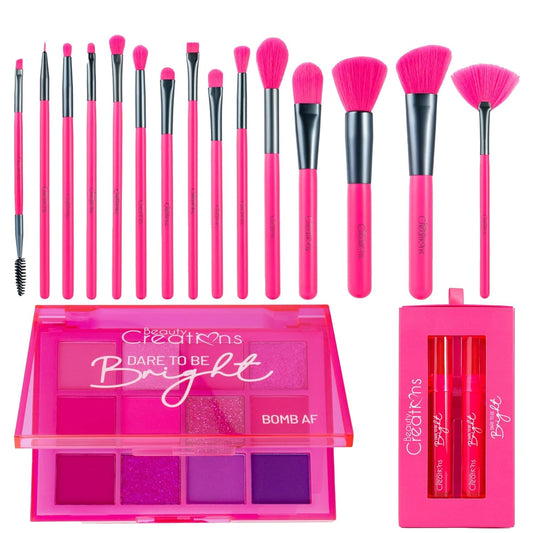 Beauty Bundle Beauty Creations Dare To Be Brights Collection Bomb AF 12 color eyeshadow palette, Lip Set & 15pc Brush Set and Pouch Enclosed in Hot Pink Box
