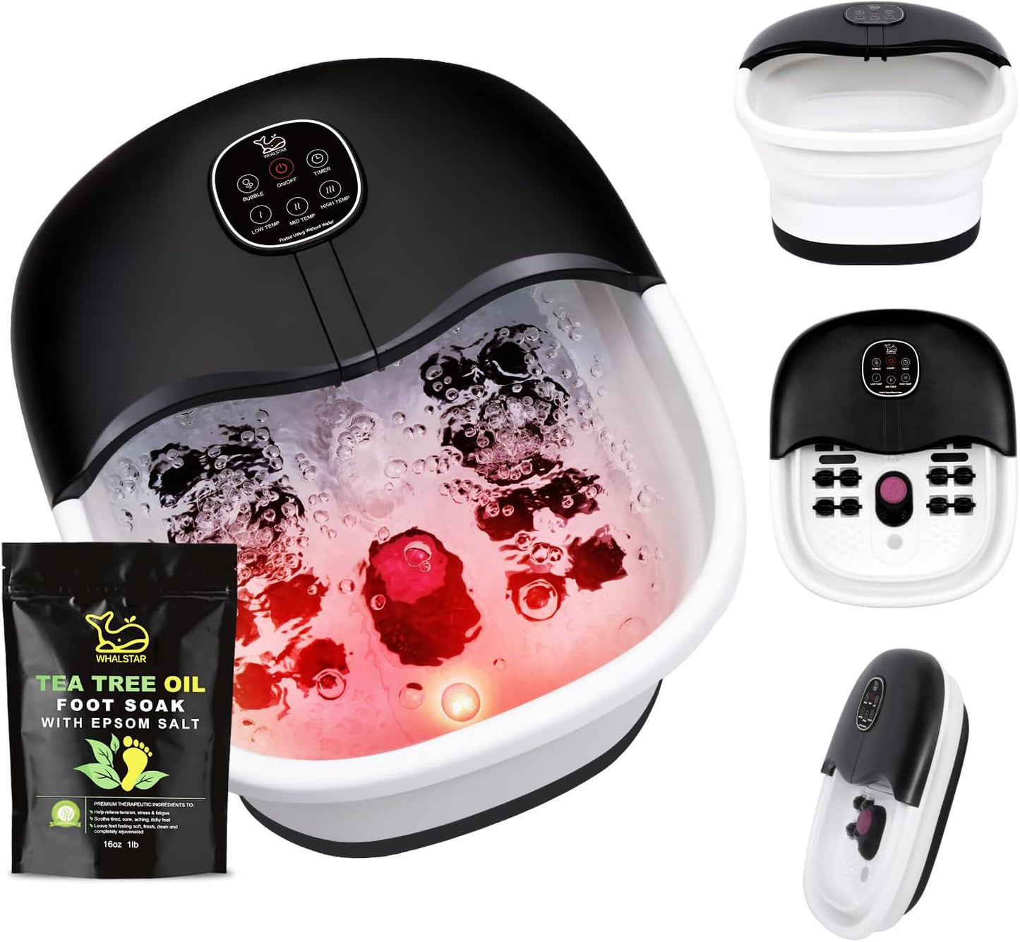 Foot Spa Bath Massager with Heat Bubbles and Vibration Massage and Jets, 16oz Tea Tree Oil Foot Soak Epsom Salt, WHALSTAR Collapsible Foot Bath Bucket With Infrared Fighting Infections & Remote