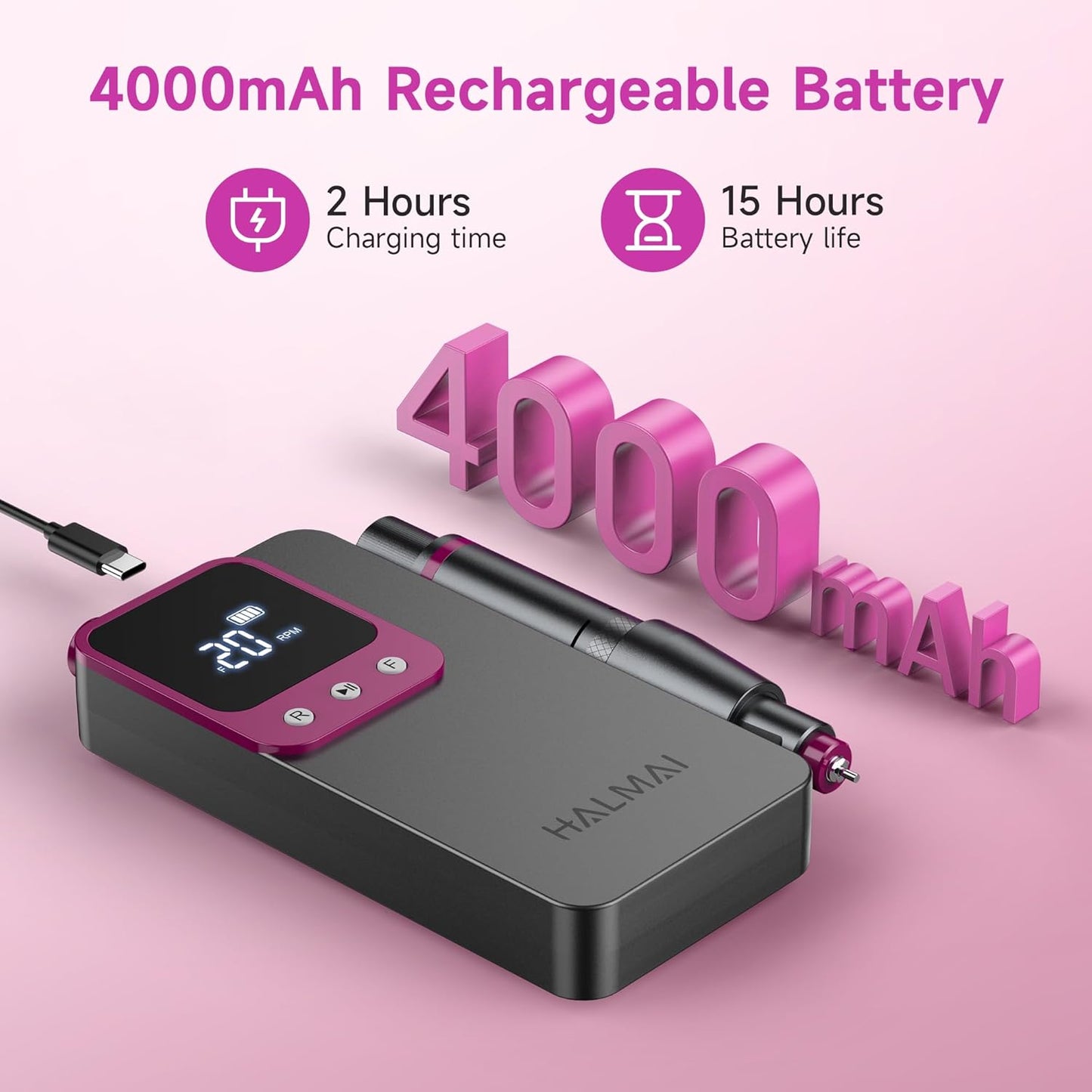 Electric Nail Drill Professional, Portable Nail File for Acrylic Gel Nails, Cordless Rechargeable Ultra Power Nail Drill Kit 40000RPM, HMC320 Salon-Grade Efile Nail Machine (Dark Grey)