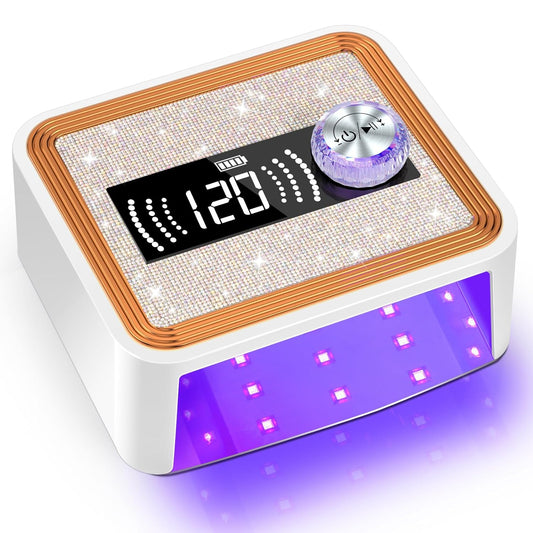 268W Cordless UV Nail Lamp, Rechargeable UV Light for Gel Nails with Unique Knob, Sparkling Rhinestones Diamond & LCD Display Screen, Professional Nail Dryer for Nail Salon & Home (White)