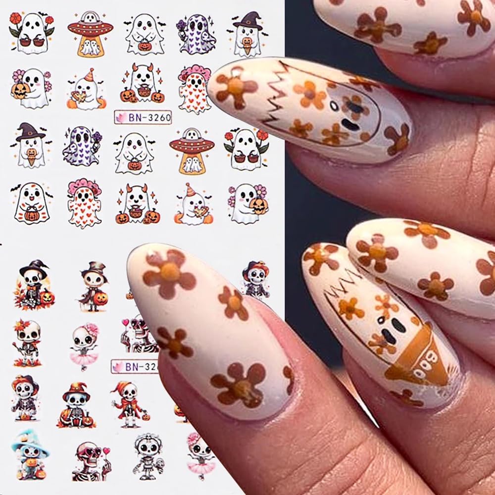 Halloween Nail Decals - Cute Cartoon Water Transfer Foil for Women - Pink Pumpkin Ghost Skeleton Witch Bat Designs - DIY Nail Art Decor - 12Pcs