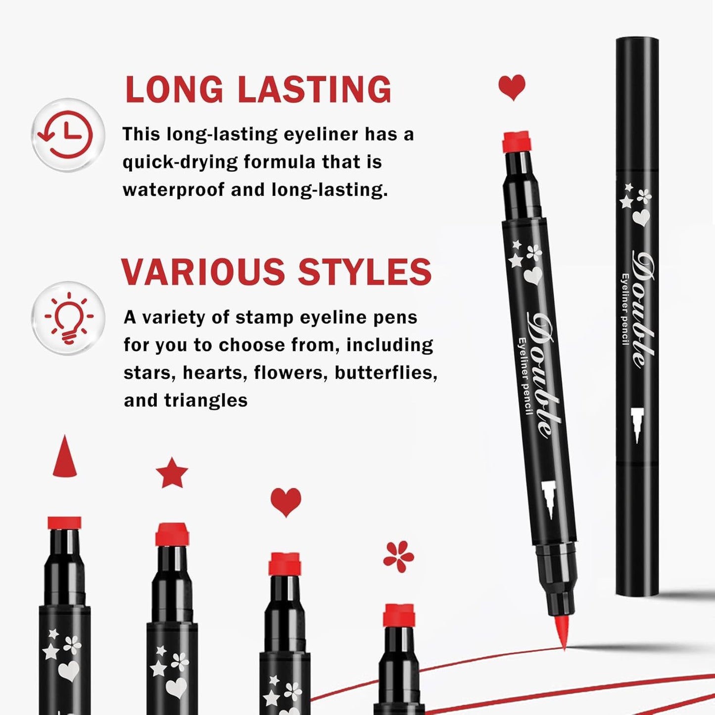 2PCS Double-headed Eyeliner Stamp Pencil Red Liquid Winged Eyeliner Stamp Pen Waterproof Smudgeproof Eye Liner Stamp for Eye Makeup(Star+Heart)