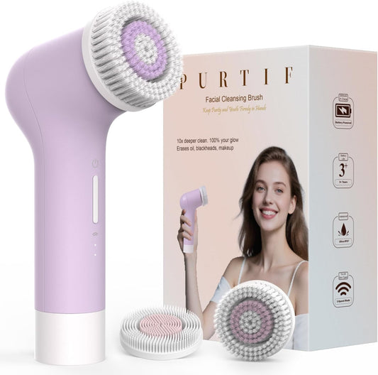 Electric Facial Cleansing Brush - Rechargeable Silicone Face Scrubber exfoliator,Face Pore Cleansing Brush,3 Speeds,Waterproof, Exfoliating & Massage,for Women & Men.for Face Skin Issues,Purple
