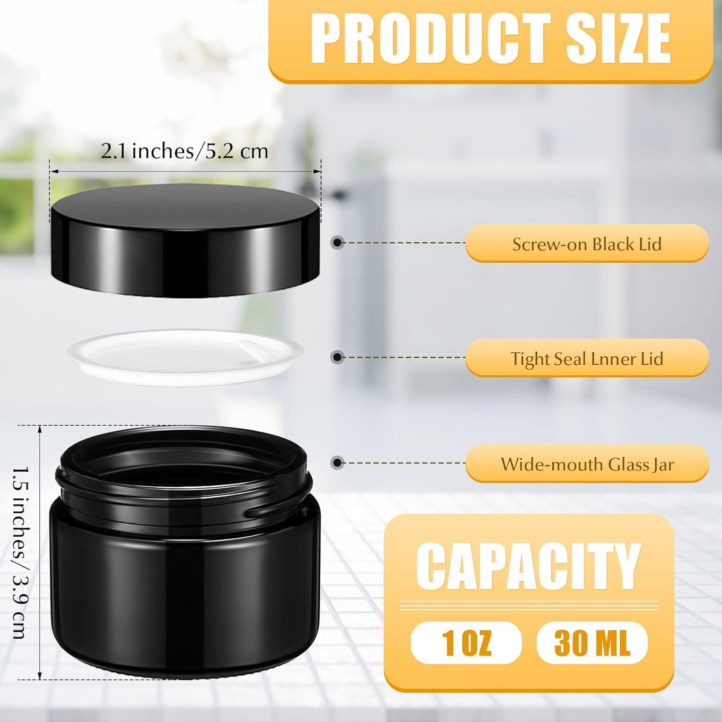 Domensi 100 Pcs 1 oz Glass Jars with Lids Bulk Round Glass Cosmetic Jars Lids 1 oz Small Travel Containers with Inner Liner for Lotions Powders Ointments Sample Cream(Black,Black)