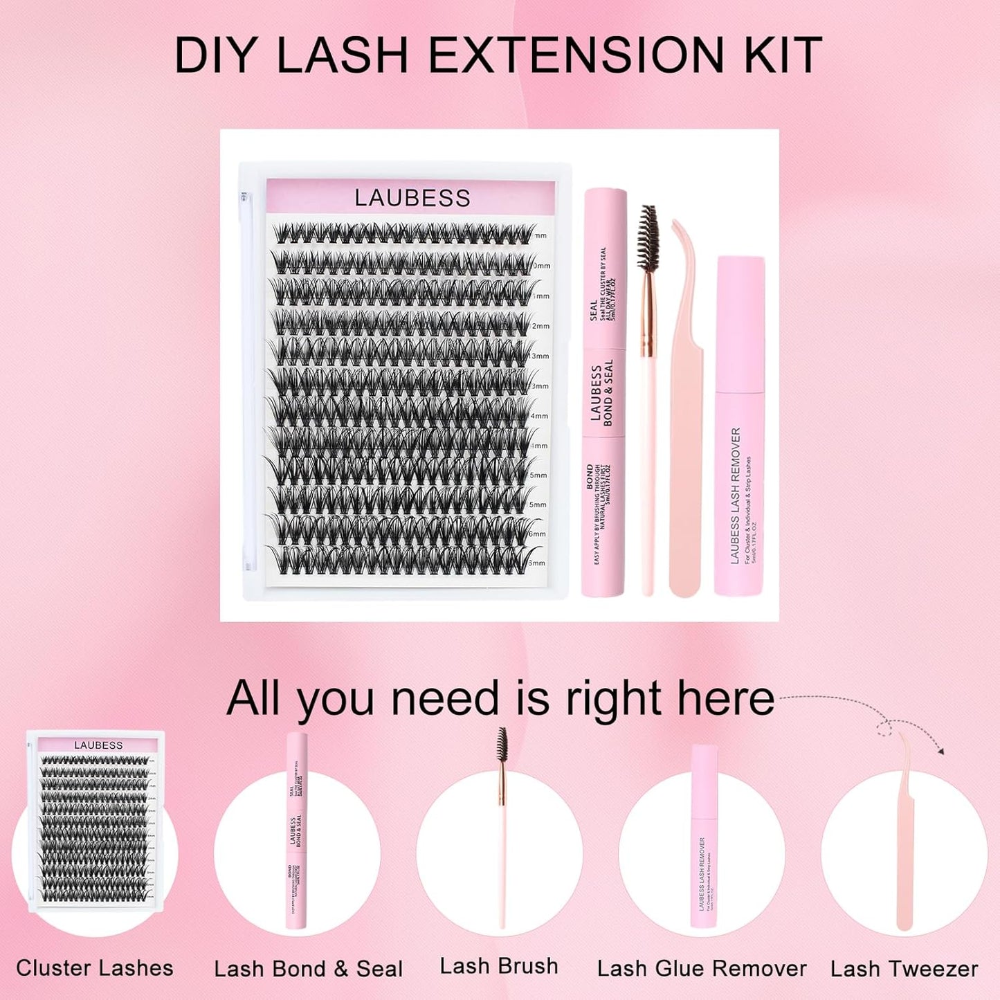 Lash Clusters Kit LAUBESS DIY Lash Extension Kit Lash Bond and Seal Waterproof Lash Glue Remover Tweezers Brush Cluster Eyelash Extensions Kit Eyelash Clusters (Kit 40D-D-Mix14-18(0.05)