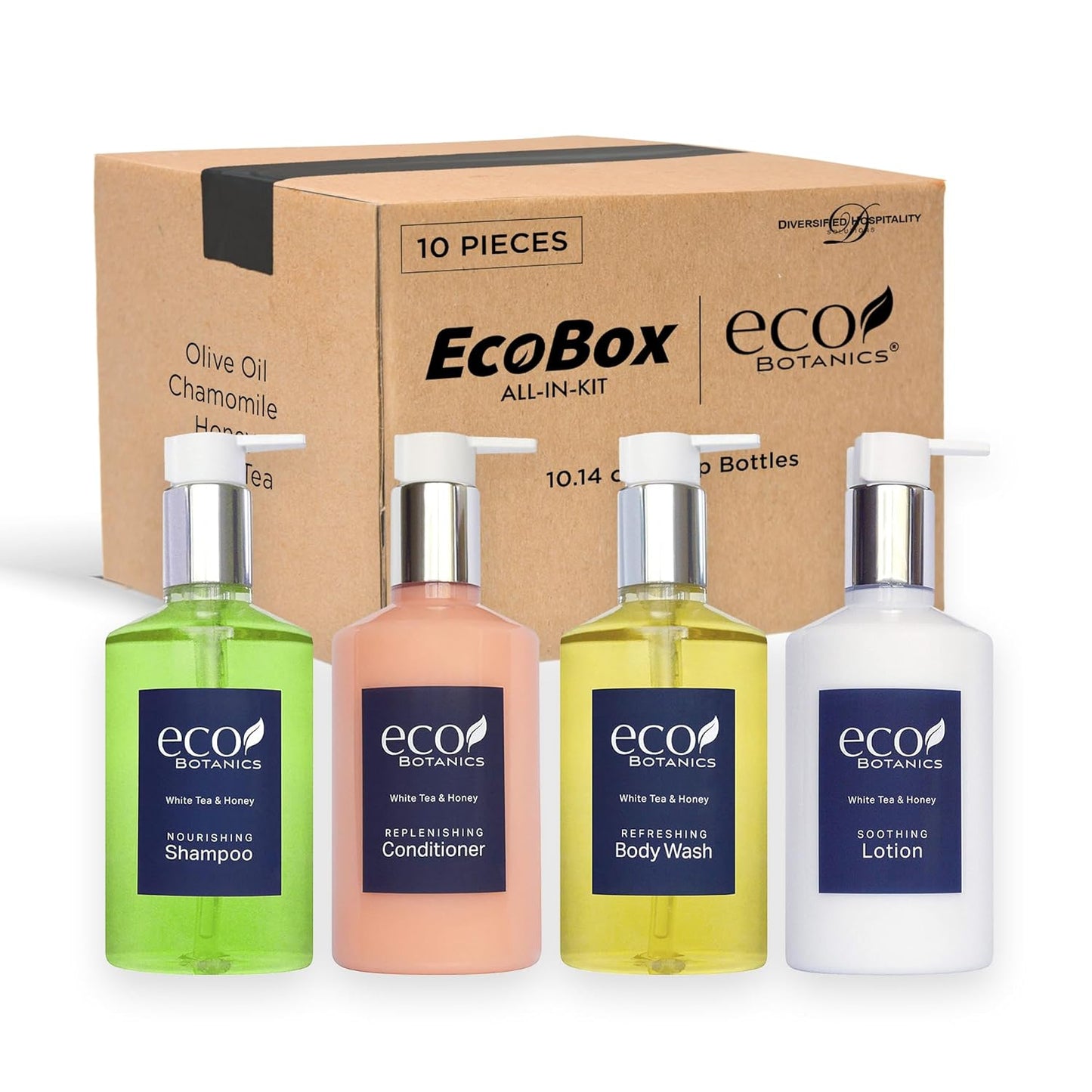 1-Shoppe Eco Botanics 10 Piece Ecobox All-In-Kit | White Tea and Honey Soap | 3 Shampoo, 2 Conditioner, 3 Body Wash & 2 Lotion | 10.14oz Hotel Soaps and Toiletries Bulk | Personal Care Products