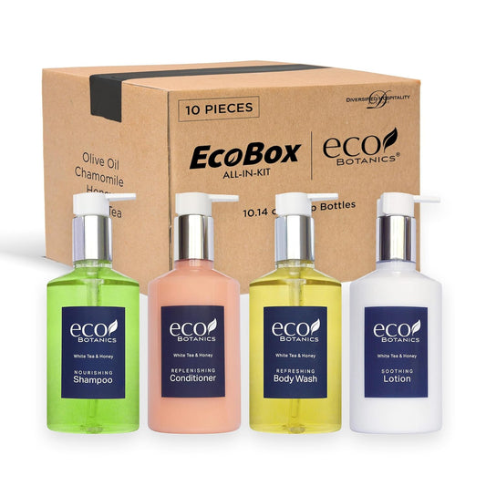 1-Shoppe Eco Botanics 10 Piece Ecobox All-In-Kit | White Tea and Honey Soap | 3 Shampoo, 2 Conditioner, 3 Body Wash & 2 Lotion | 10.14oz Hotel Soaps and Toiletries Bulk | Personal Care Products