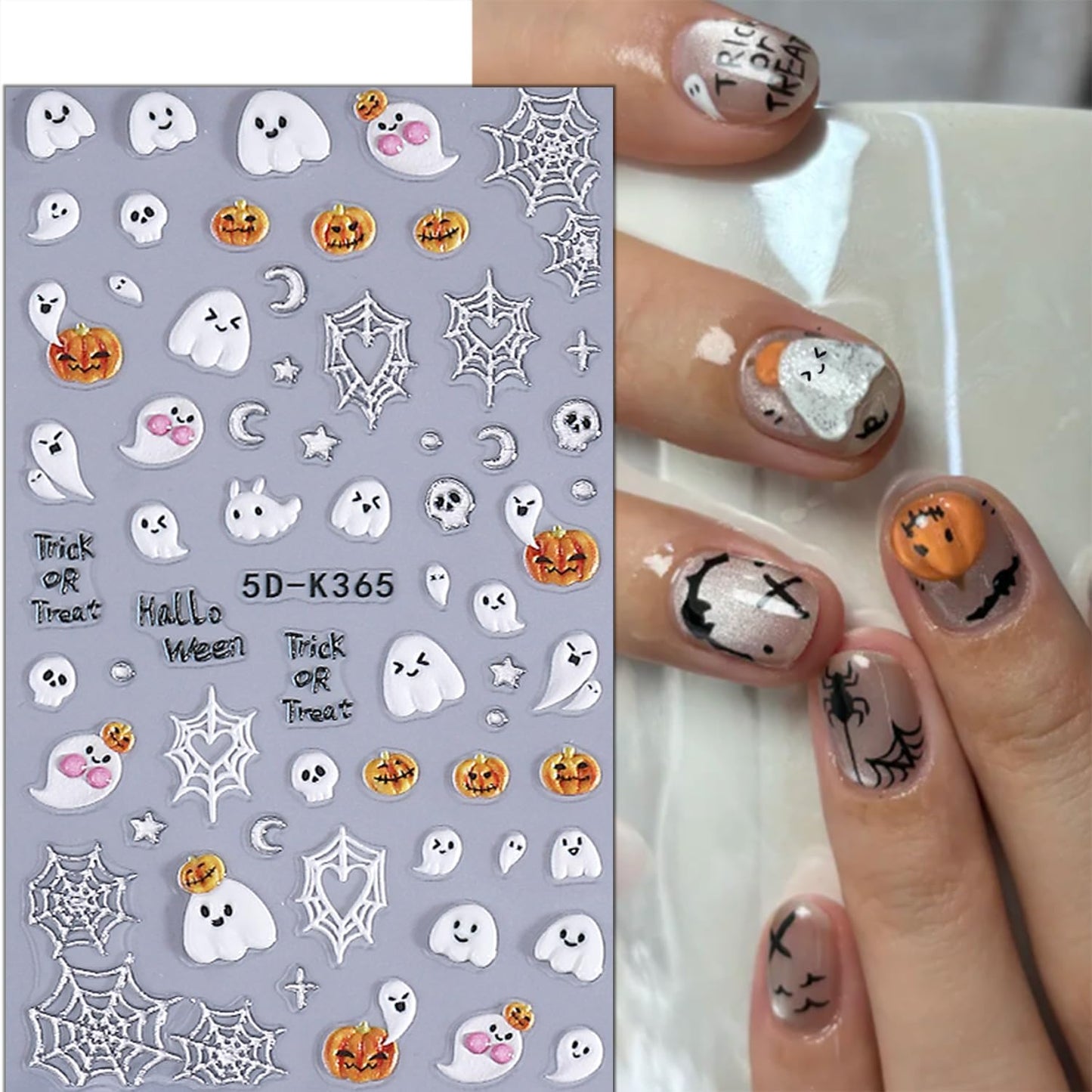 2 Sheets Halloween Nail Stickers for Nail Art 5D Spider Web Nail Art Stickers Embossed Ghost Pumpkin Nail Decals Self-Adhesive Horror Black Cat Nail Design Decals for Women Party Nails Supplies