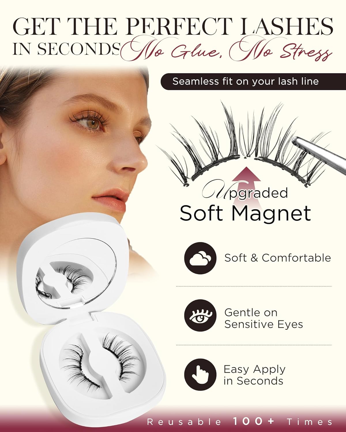 BEYELIAN Magnetic Eyelashes with Applicator, Soft Magnetic Lashes Natural Look Comfortable & Secure Fit Easy to Apply Reusable (1 Pairs, CS03)