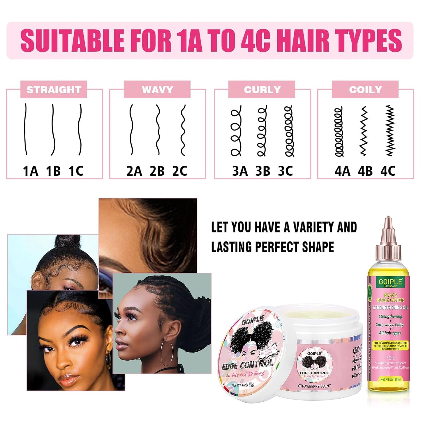 Edge Control Wax Strong Hold Non-greasy Hair Styling Gel - Edge Wax No Flaking Edge Control for Black Hair Edge Wax for Women Rose&Black Castor Oil for Hair Growth Edge Brush Hair Braid Bonnet