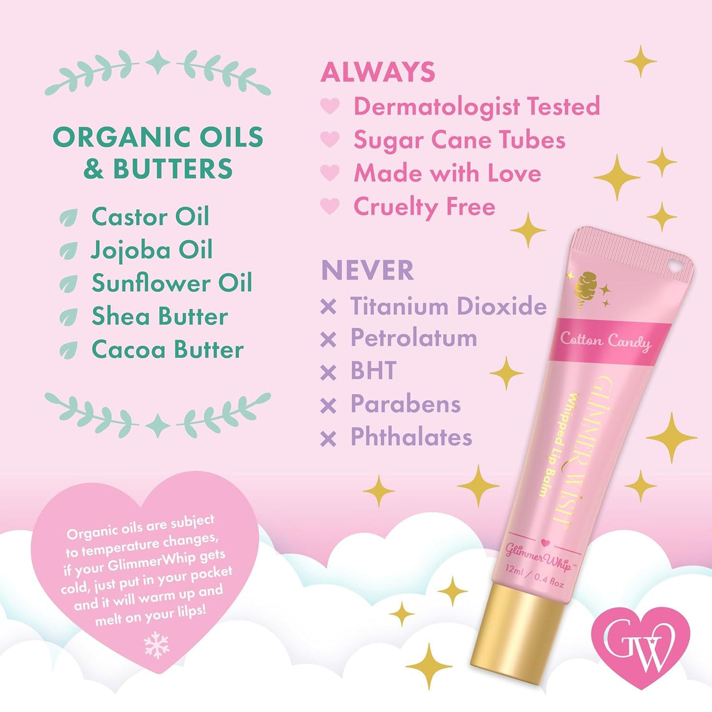 Glimmer Wish Glimmer Whip Hydrating Lip Balm – Organic Castor & Jojoba Oils, Shea & Cocoa Butters – Vegan, Non-Toxic, Moisturizing Lip Care (Cotton Candy)