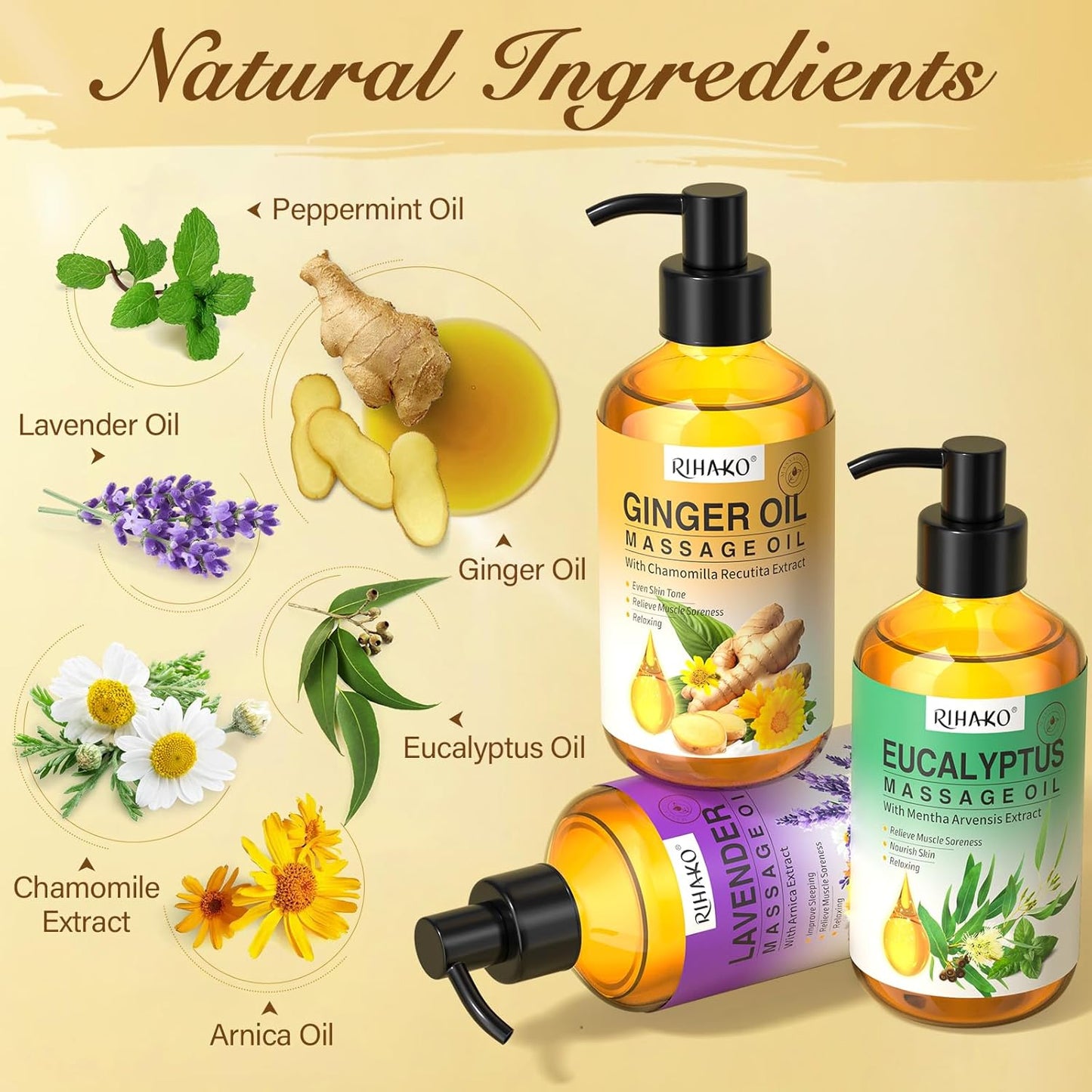 3 Pack Massage Oil for Massage Therapy,Ginger for Lymphatic Drainage, Lavender for Relaxation, Eucalyptus Mint for Muscle Relief | Massage Therapy & Date Night Spa Gift with Massage Ball for Him & Her