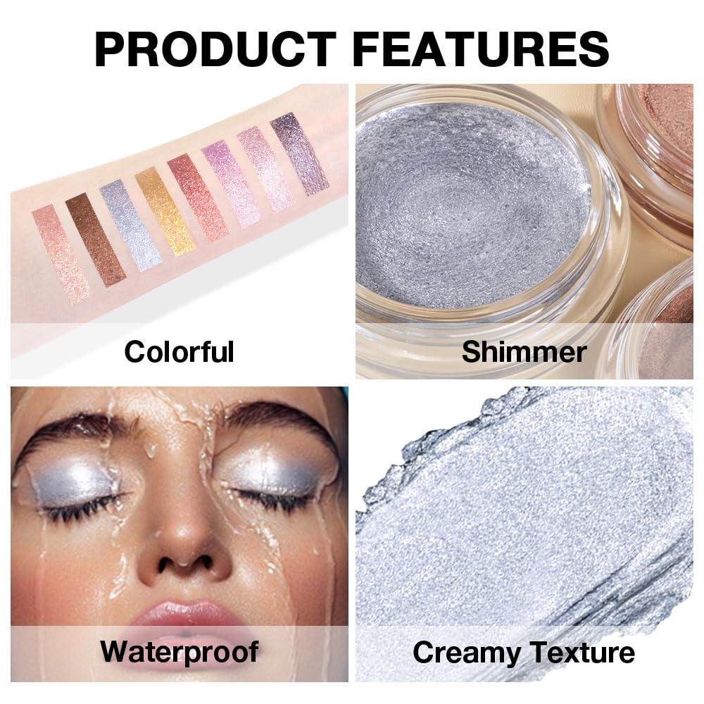 Cream Glitter Grey Blue Shimmer Metallic Eyeshadow Palette Makeup, Natural Single Mini Instant Holographic Eyeshadow For Women, Sombras Crema Para Ojos, Talc, Paraben & Cruelty Free
