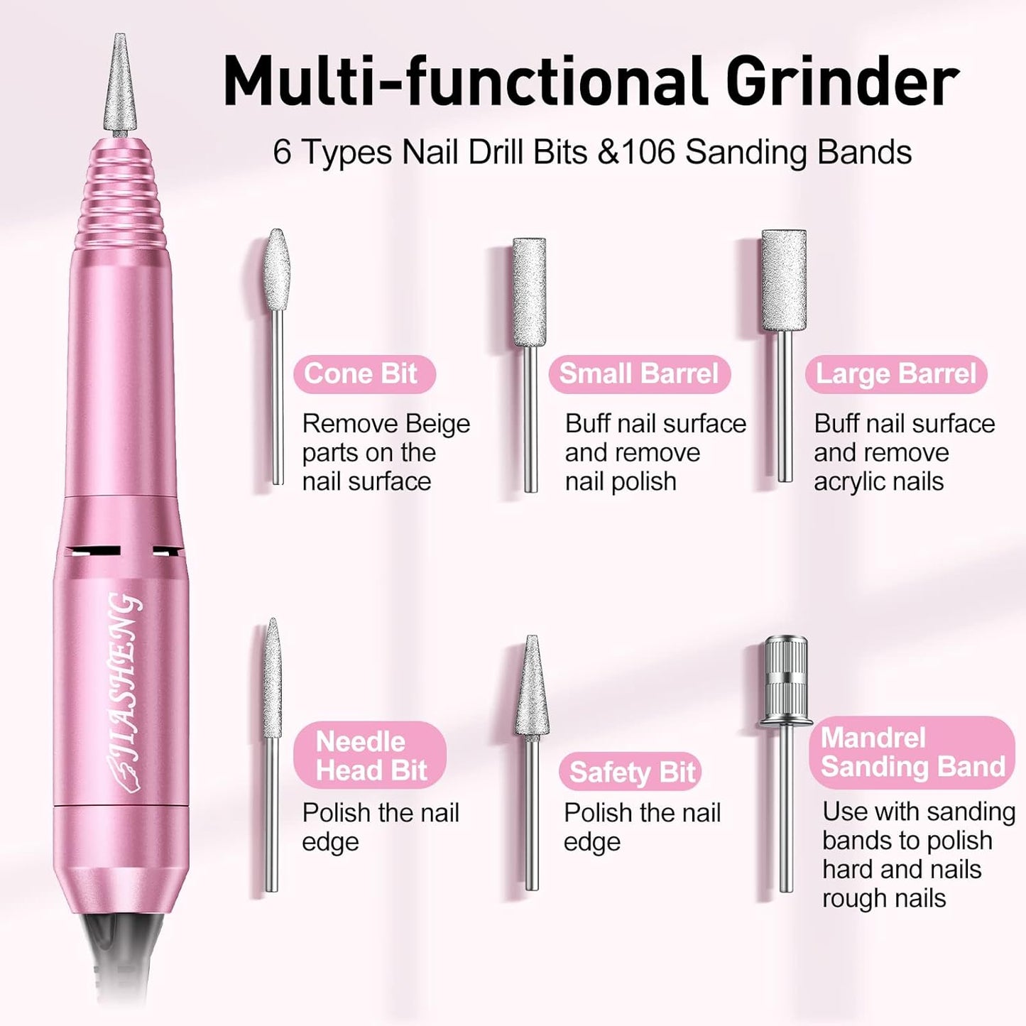 20000RPM Electric Nail Drill Professional Nail File Drill Acrylic Nails Kit for Manicure Gel Nail Polish Remover with 1 Pack of Sanding Bands(Pink)