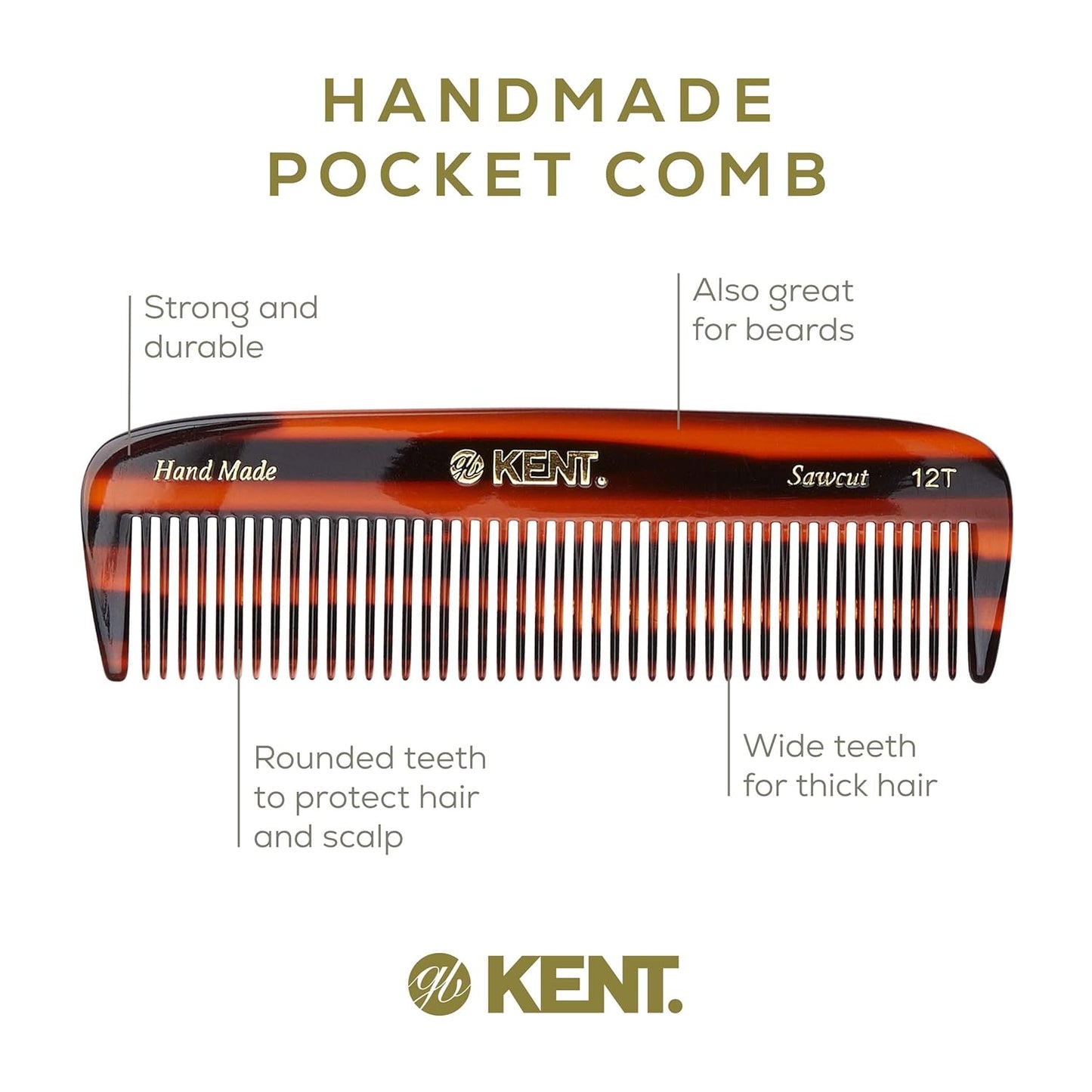 Kent 12T Wide Tooth Detangling Comb - Handmade Pocket Comb for Thick, Curly, and Wavy Hair, Large Tooth for Grooming Hair, Beard, and Mustache - Saw-Cut and Hand Polished