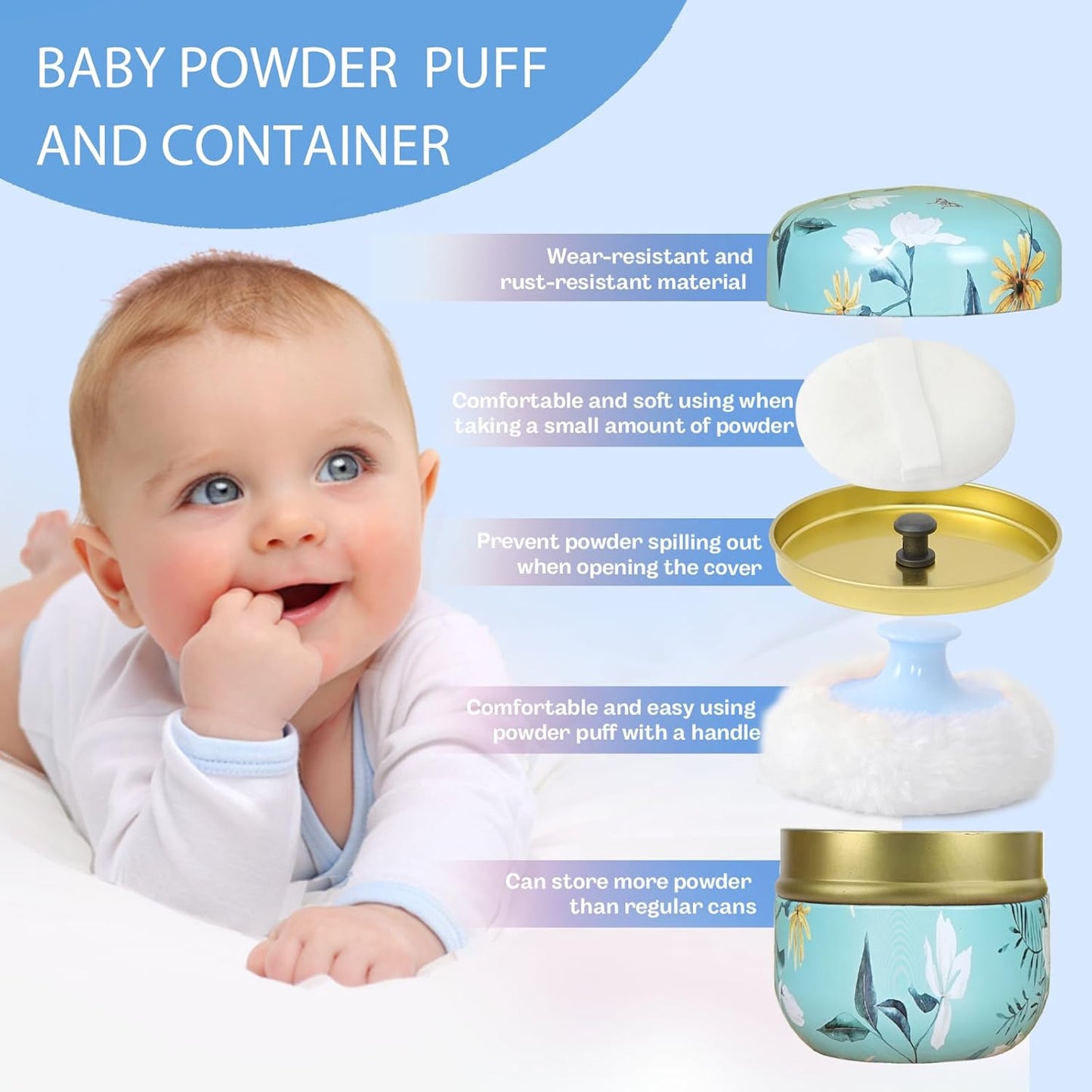 SHIMIDO Body Powder Puff and Container, 3.15" Portable Empty Body Powder Container for Baby Women's Loose Dusting Powder, Powder Case Box with Lids for Bath, Travel and Home Use (Cyan Flower)