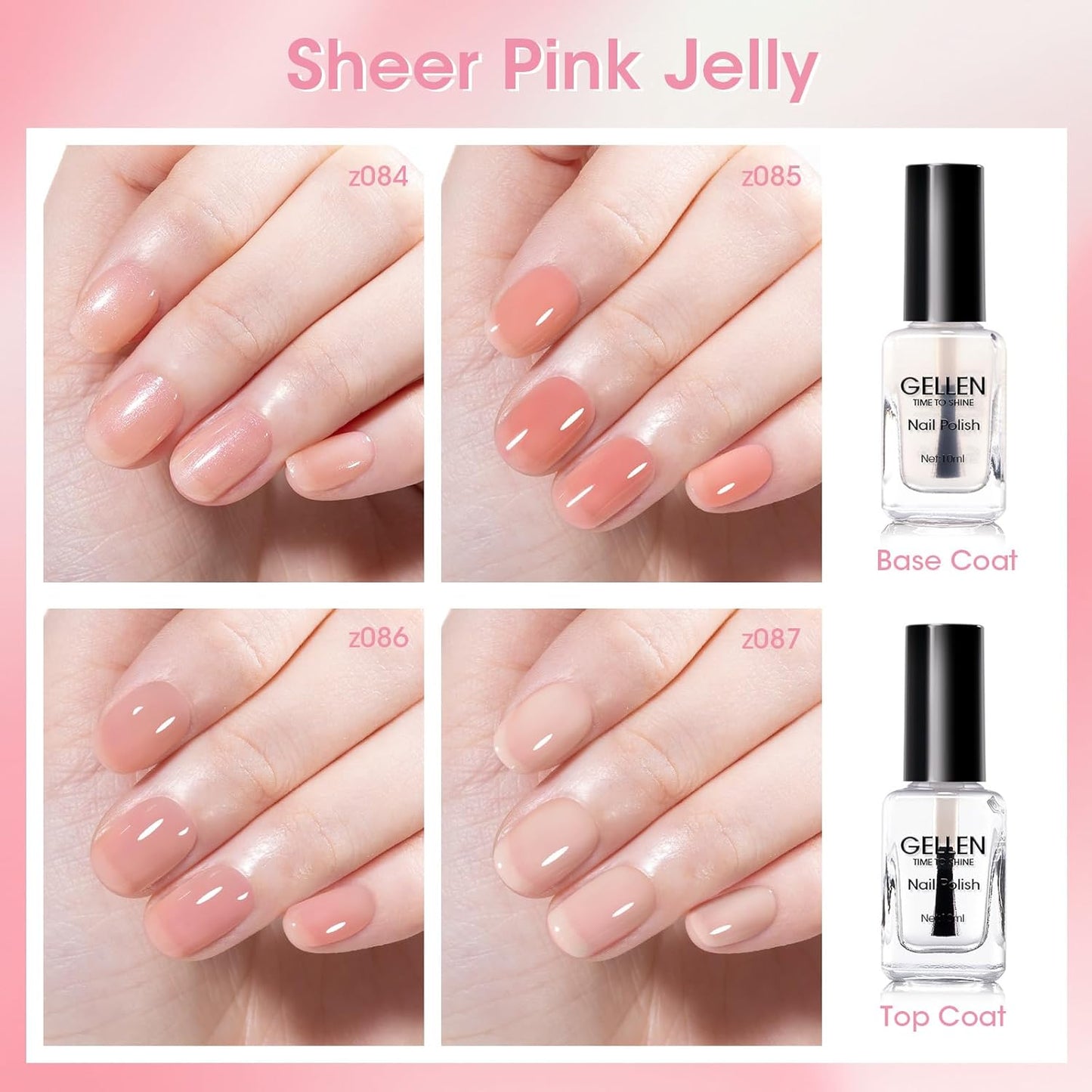 GELLEN Sheer Pink Nail Polish & Clear Base Top Coat Nail Polish, Light Pink Jelly Nails Polishes Summer Spring 6pcs Set, Quick Air Dry Non-Gel Traditional Regular Nails Polishes, Hema Free, Non-toxic