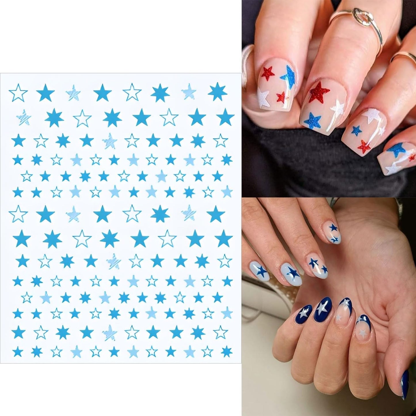 12 Sheets White Blue Red Star Nail Art Stickers 3D Self Adhesive 4th of July Nail Stickers for Nail Art Independence Day Nail Decals Star Nail Supplies Design for DIY Acrylic Nails for Women Girls