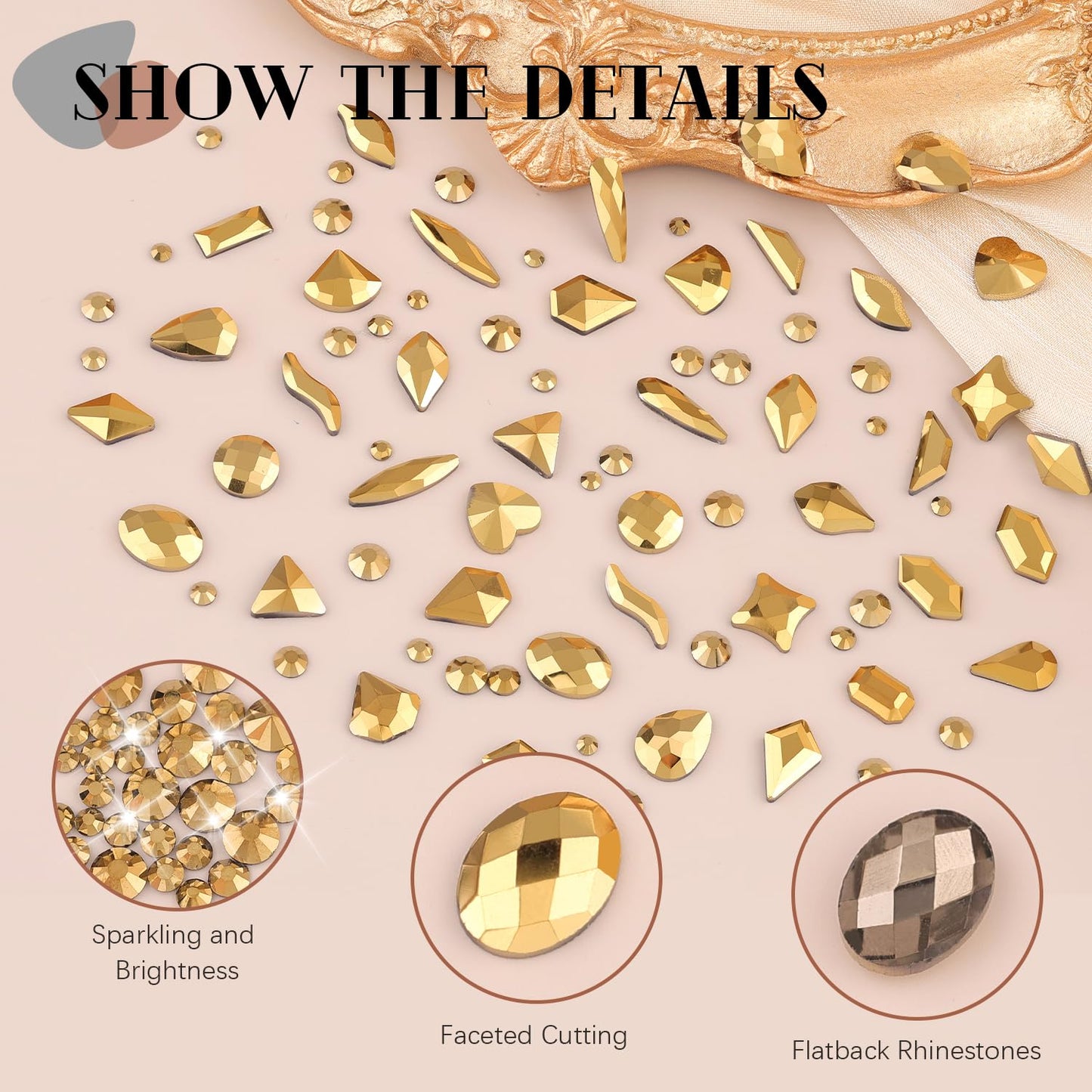 1680Pcs Mineral Gold Glass Nail Rhinestones 180Pcs Multi Shapes Flatback Nail Gems + 1500Pcs 1.5-4mm Round Crystal, Manicure Nail Charms Diamond Gemstones for Acrylic Nails Decoration